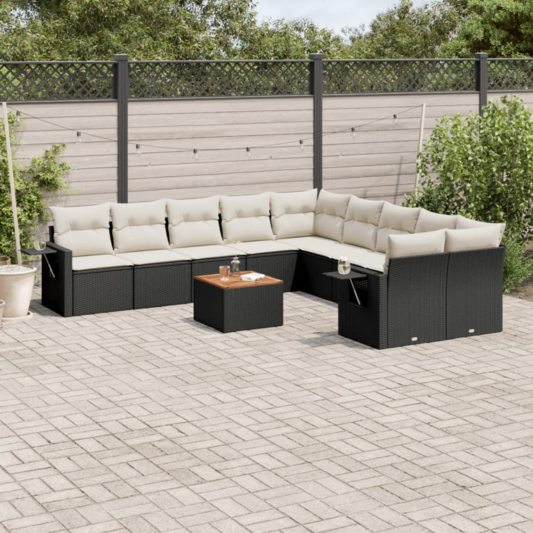 11-delige Loungeset met kussens poly rattan zwart