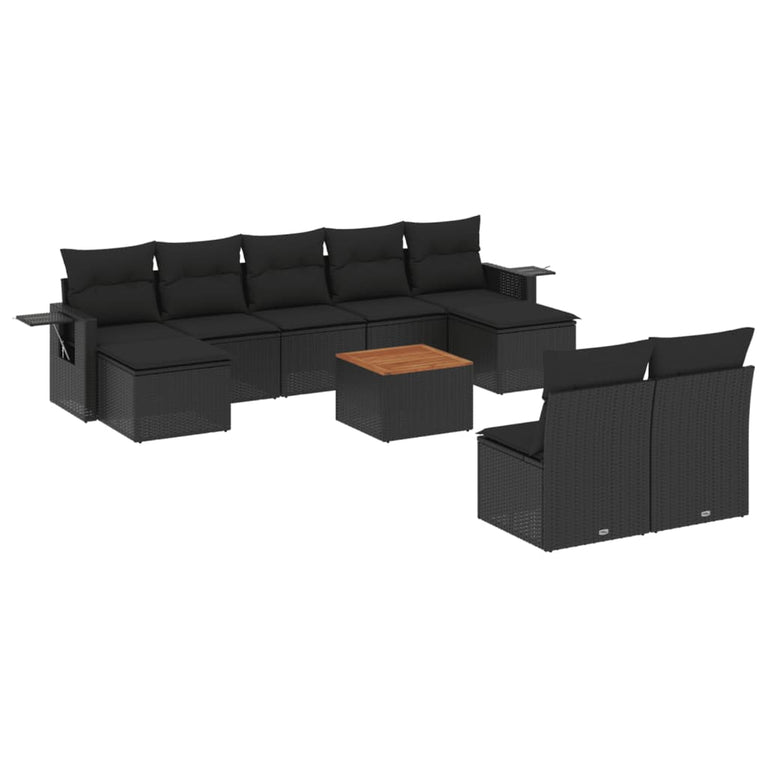 10-delige Loungeset met kussens poly rattan zwart