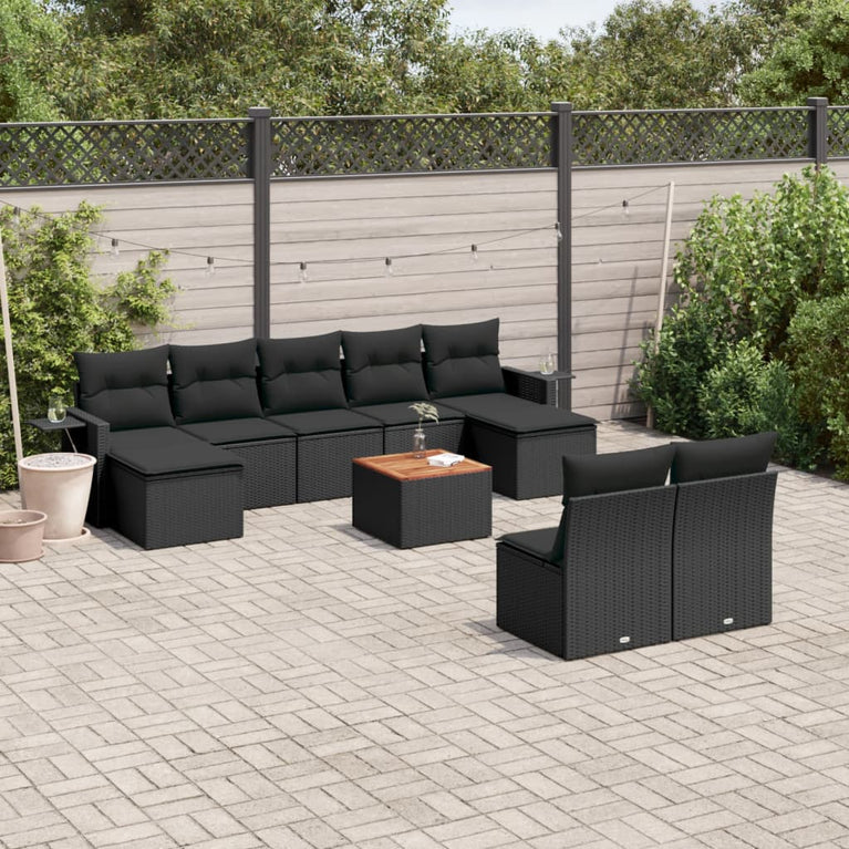 10-delige Loungeset met kussens poly rattan zwart