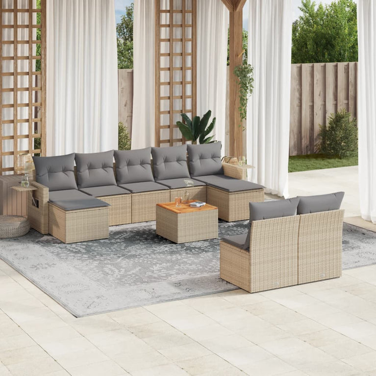 10-delige Loungeset met kussens poly rattan beige