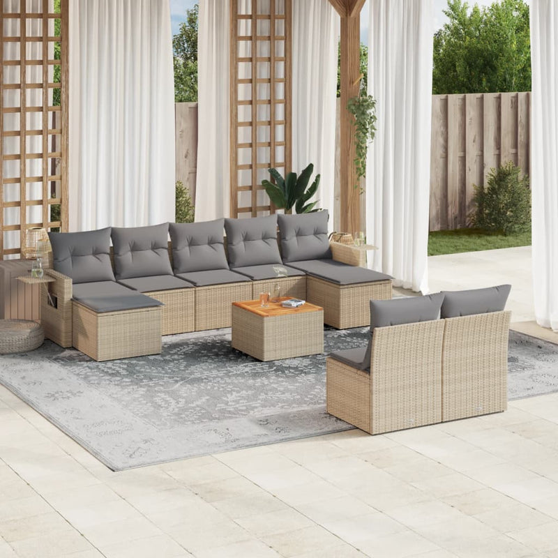 10-delige Loungeset met kussens poly rattan beige