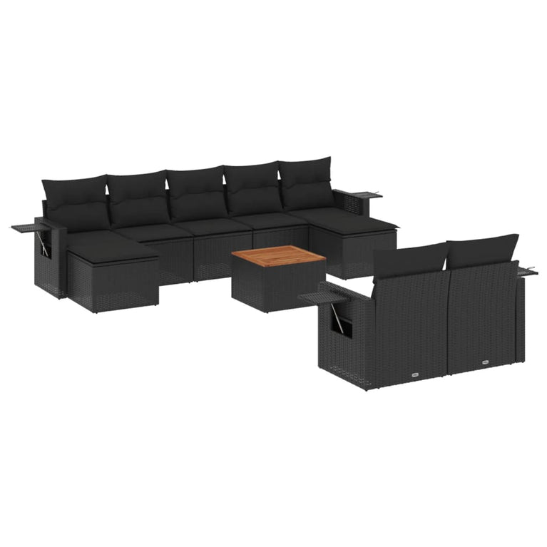 10-delige Loungeset met kussens poly rattan zwart