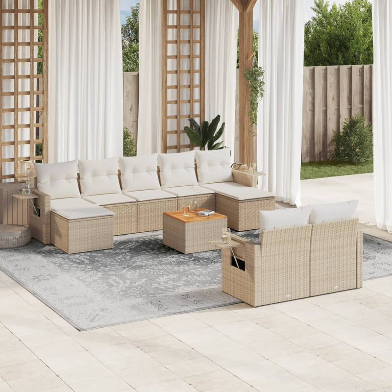 10-delige Loungeset met kussens poly rattan beige