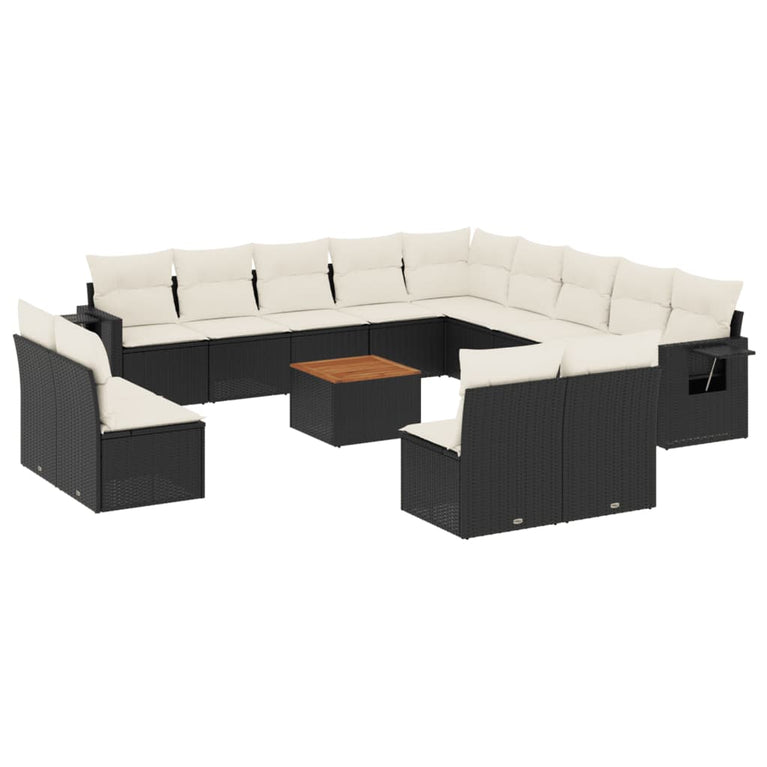 14-delige Loungeset met kussens poly rattan zwart