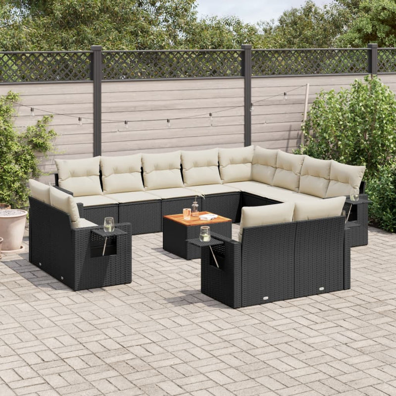 13-delige Loungeset met kussens poly rattan zwart