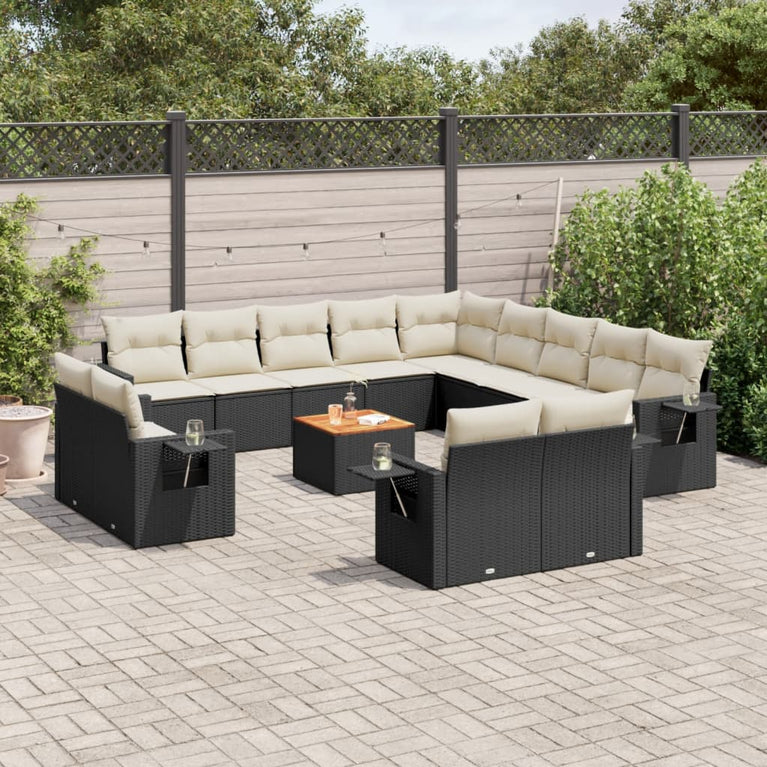 14-delige Loungeset met kussens poly rattan zwart