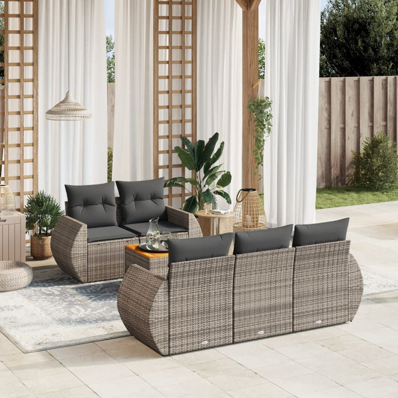 6-delige Loungeset met kussens poly rattan grijs