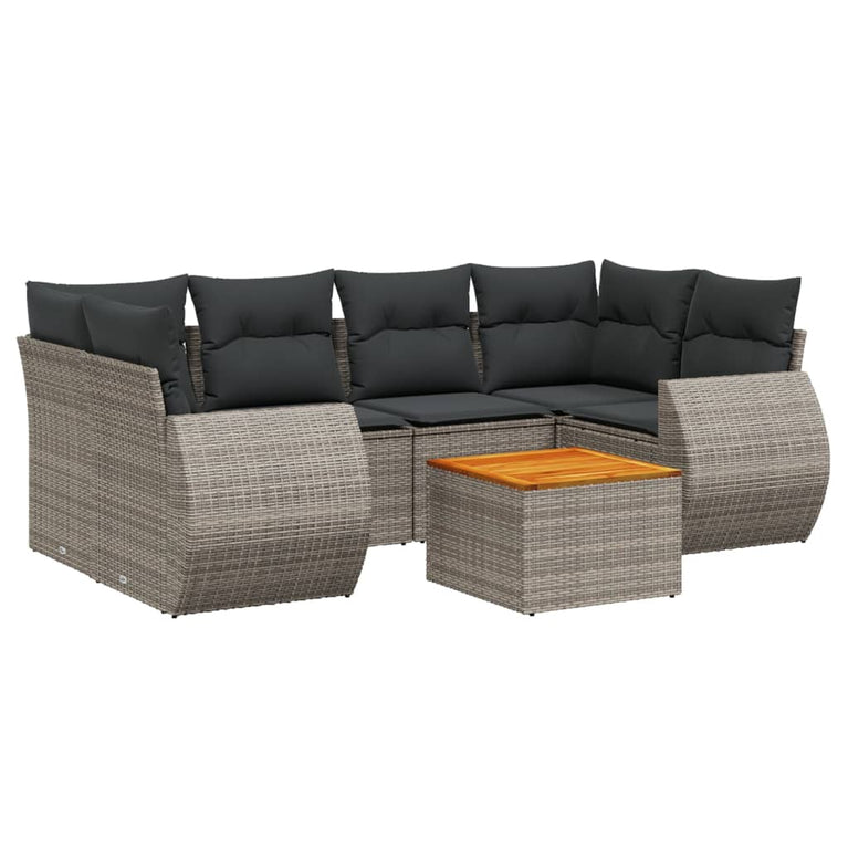 7-delige Loungeset met kussens poly rattan grijs