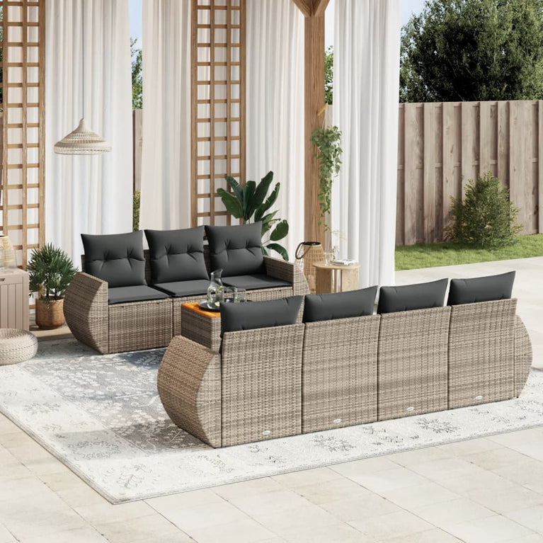 8-delige Loungeset met kussens poly rattan grijs