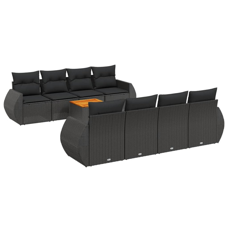 9-delige Loungeset met kussens poly rattan zwart