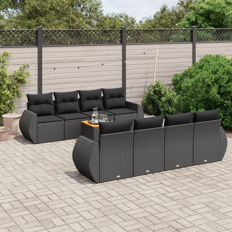 9-delige Loungeset met kussens poly rattan zwart