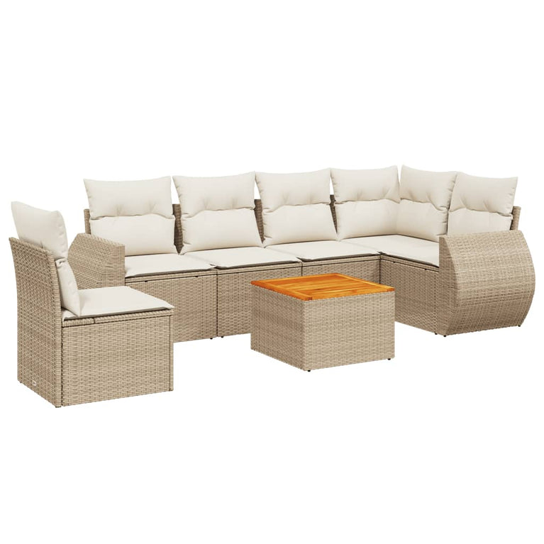 7-delige Loungeset met kussens poly rattan beige