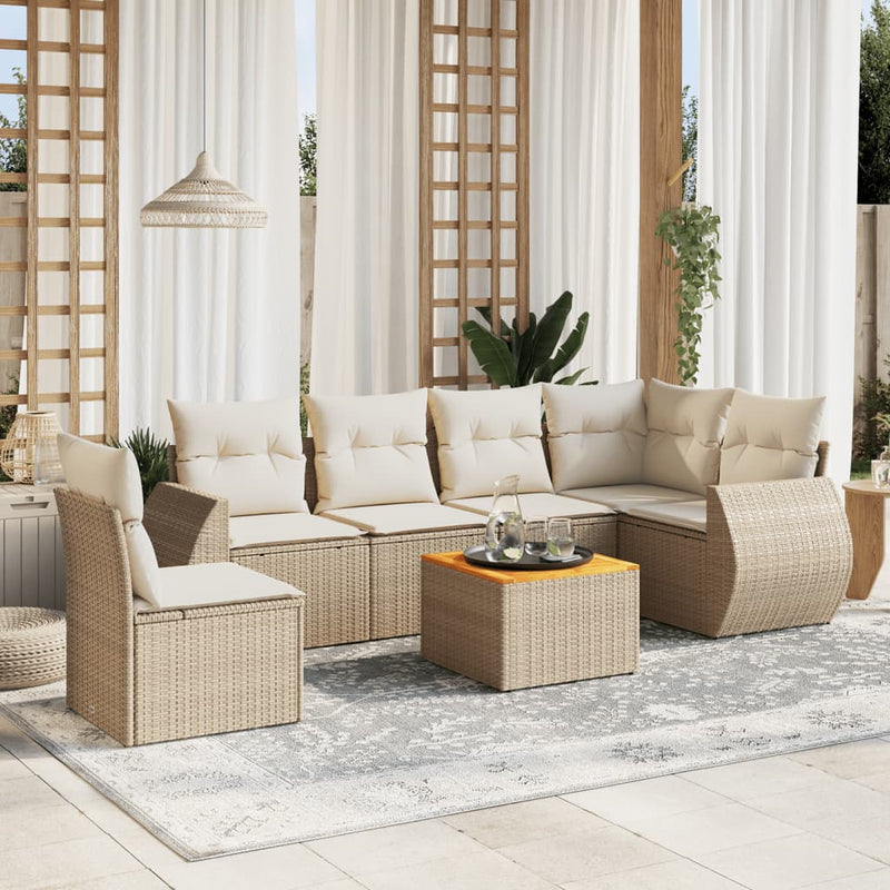 7-delige Loungeset met kussens poly rattan beige