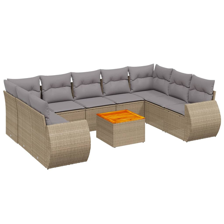 10-delige Loungeset met kussens poly rattan beige