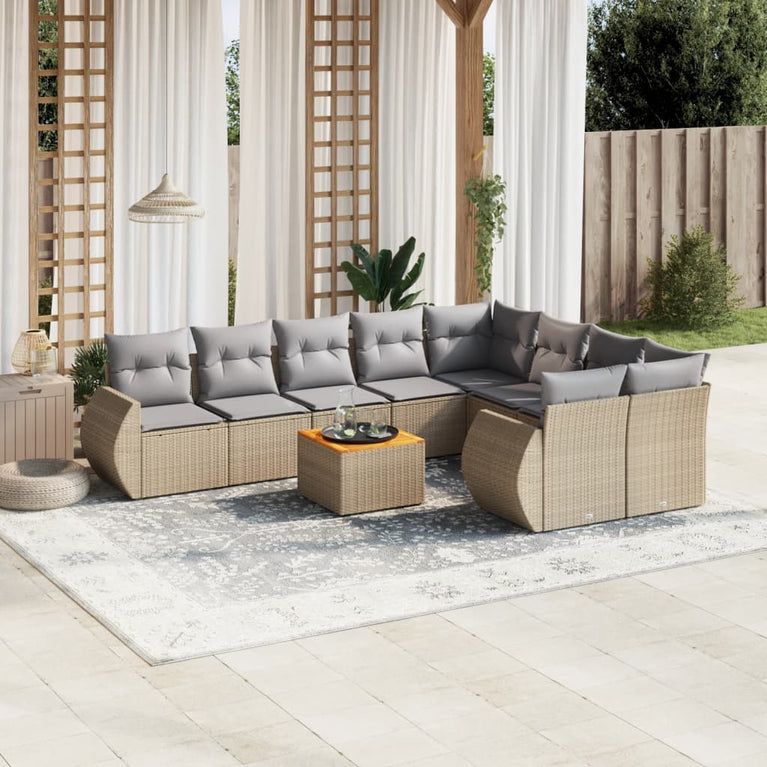 10-delige Loungeset met kussens poly rattan beige