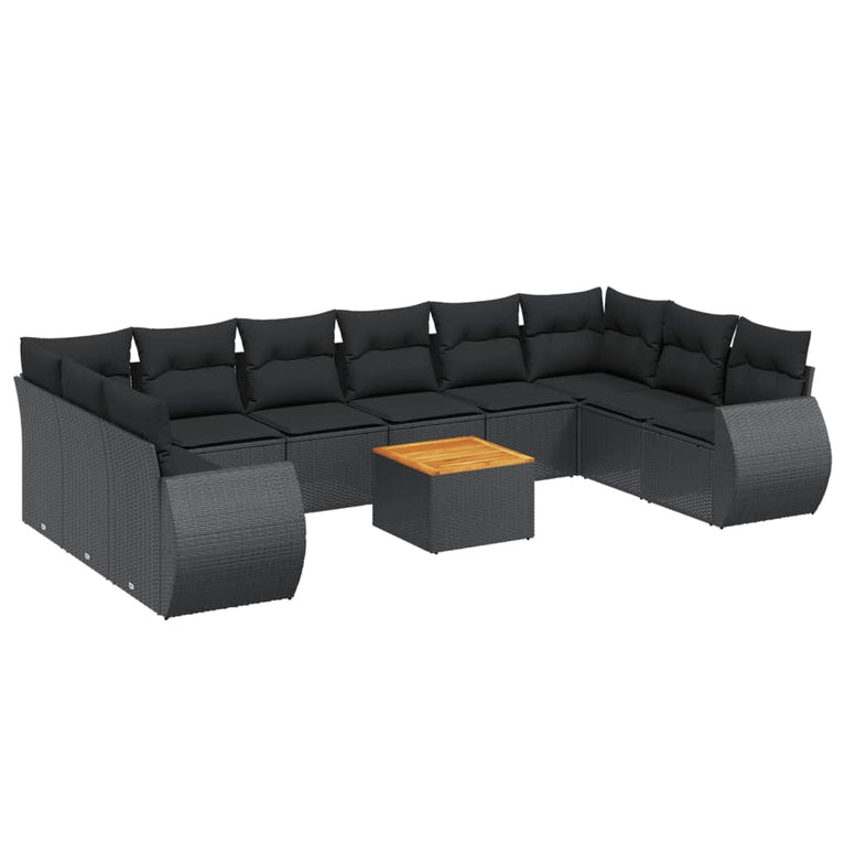 11-delige Loungeset met kussens poly rattan zwart