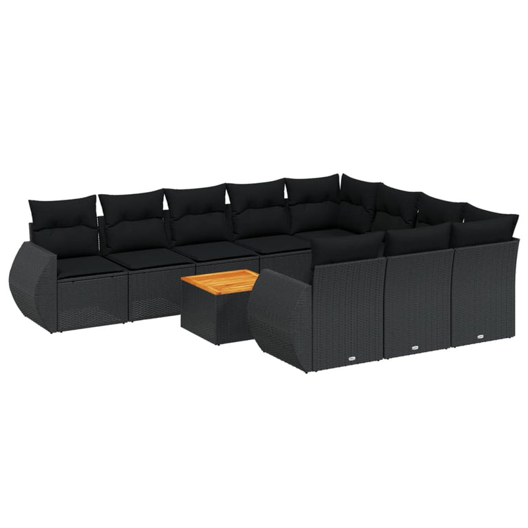 11-delige Loungeset met kussens poly rattan zwart