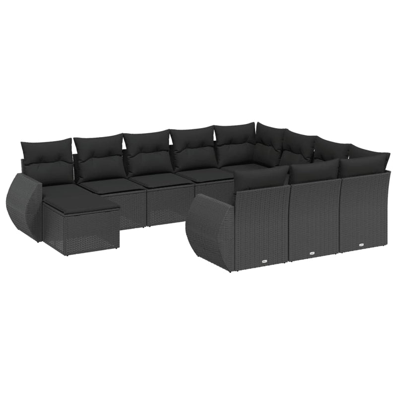 11-delige Loungeset met kussens poly rattan zwart