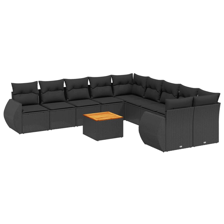 11-delige Loungeset met kussens poly rattan zwart