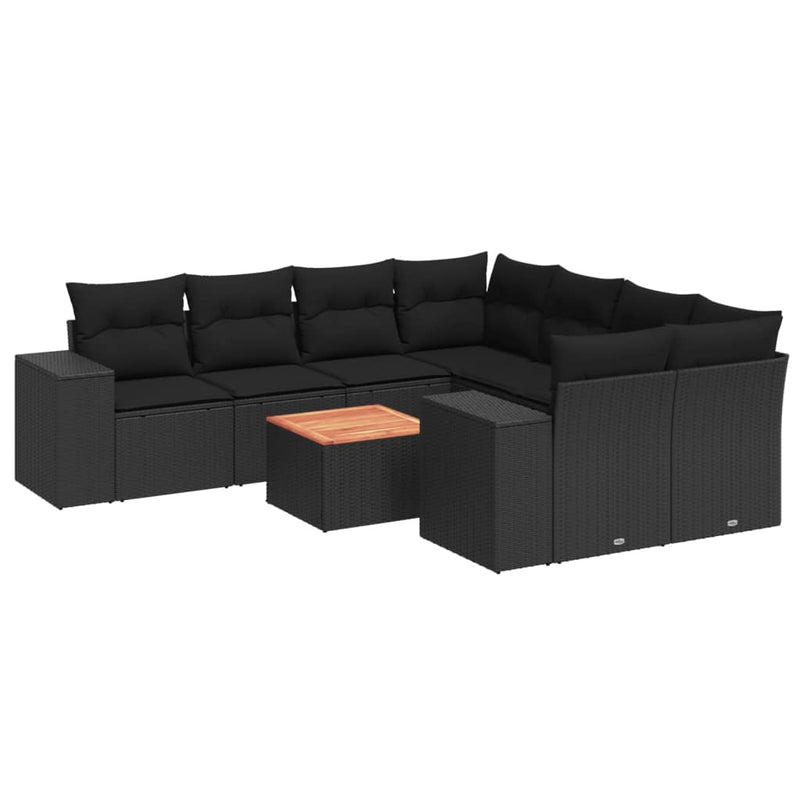 9-delige Loungeset met kussens poly rattan zwart