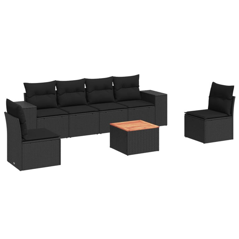 7-delige Loungeset met kussens poly rattan zwart
