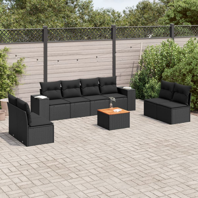 9-delige Loungeset met kussens poly rattan zwart