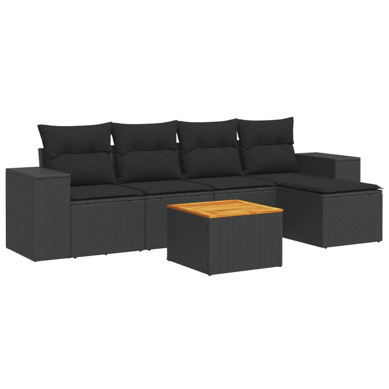 6-delige Loungeset met kussens poly rattan zwart