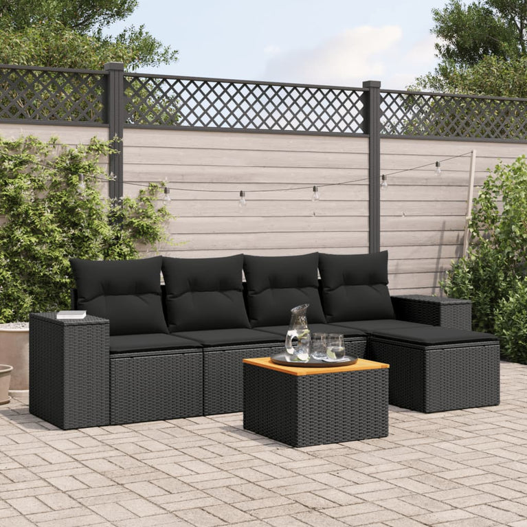 6-delige Loungeset met kussens poly rattan zwart