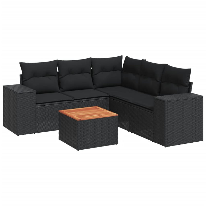 6-delige Loungeset met kussens poly rattan zwart