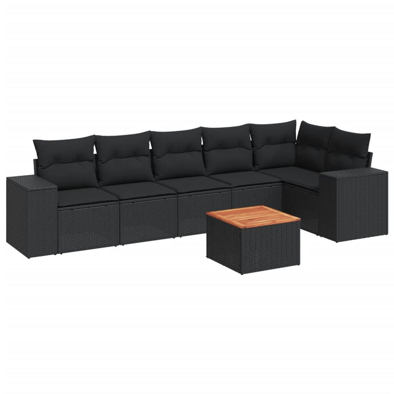 7-delige Loungeset met kussens poly rattan zwart