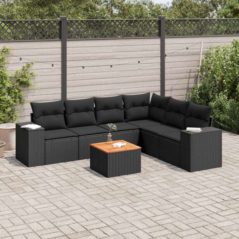 7-delige Loungeset met kussens poly rattan zwart