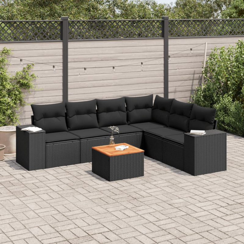 7-delige Loungeset met kussens poly rattan zwart