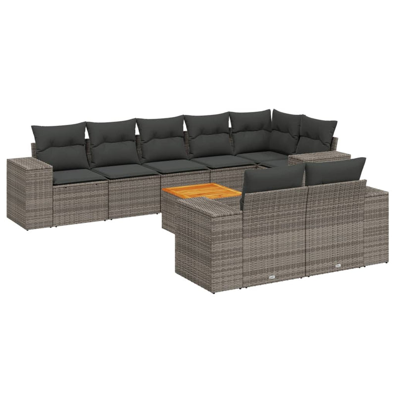 9-delige Loungeset met kussens poly rattan grijs