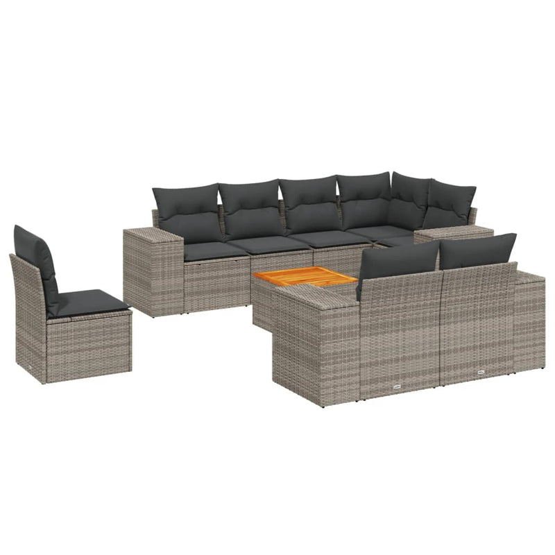 9-delige Loungeset met kussens poly rattan grijs
