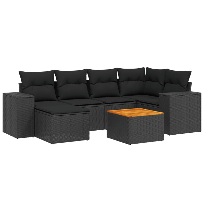 7-delige Loungeset met kussens poly rattan zwart