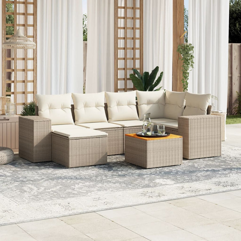 7-delige Loungeset met kussens poly rattan beige