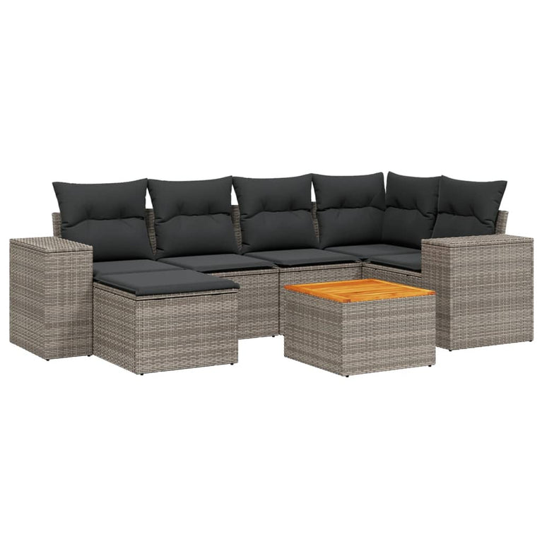 7-delige Loungeset met kussens poly rattan grijs