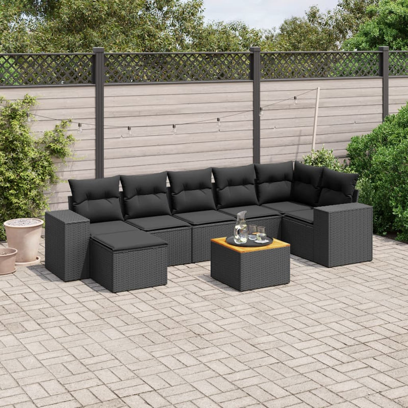 8-delige Loungeset met kussens poly rattan zwart