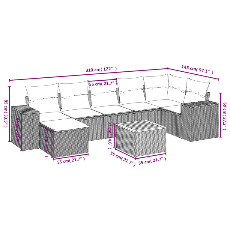 8-delige Loungeset met kussens poly rattan grijs