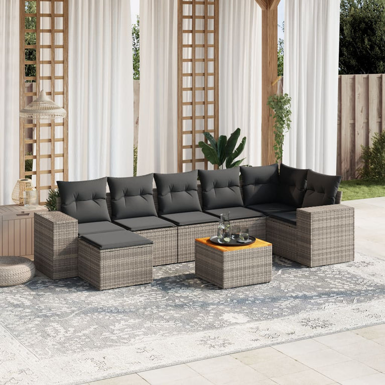 8-delige Loungeset met kussens poly rattan grijs