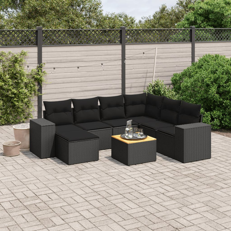 8-delige Loungeset met kussens poly rattan zwart