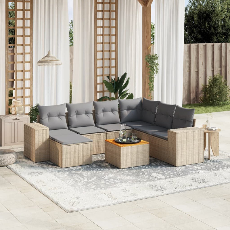 8-delige Loungeset met kussens poly rattan beige