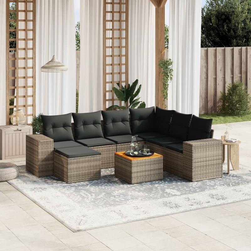 8-delige Loungeset met kussens poly rattan grijs