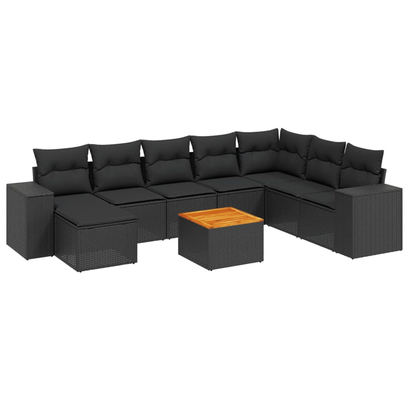 9-delige Loungeset met kussens poly rattan zwart