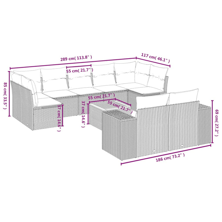 10-delige Loungeset met kussens poly rattan beige