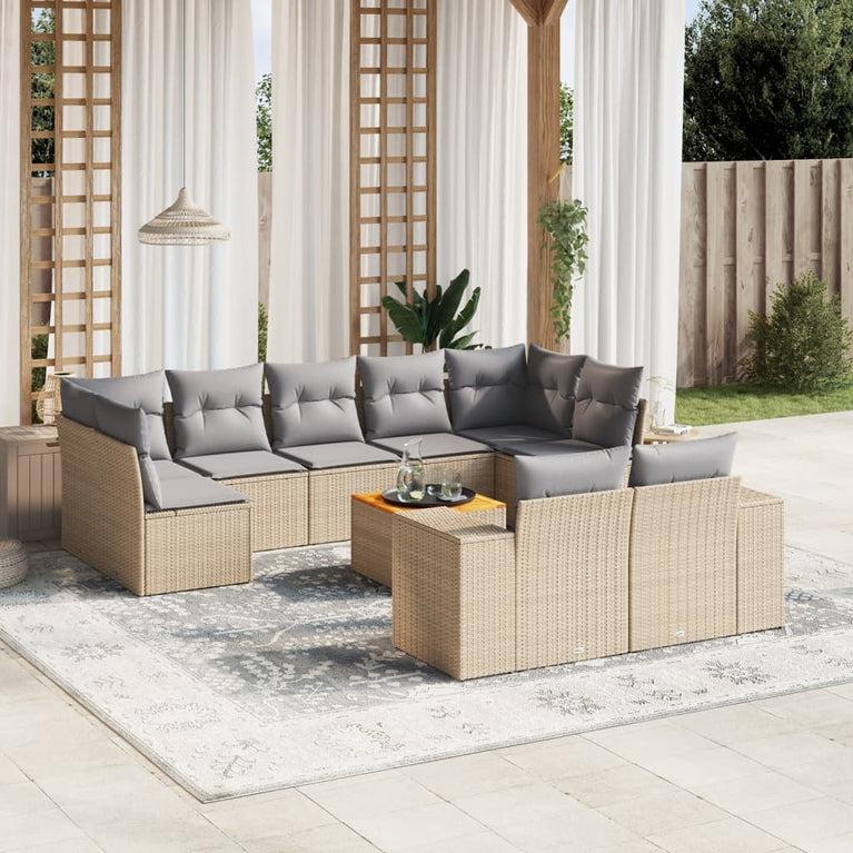 10-delige Loungeset met kussens poly rattan beige