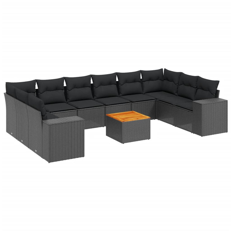 11-delige Loungeset met kussens poly rattan zwart