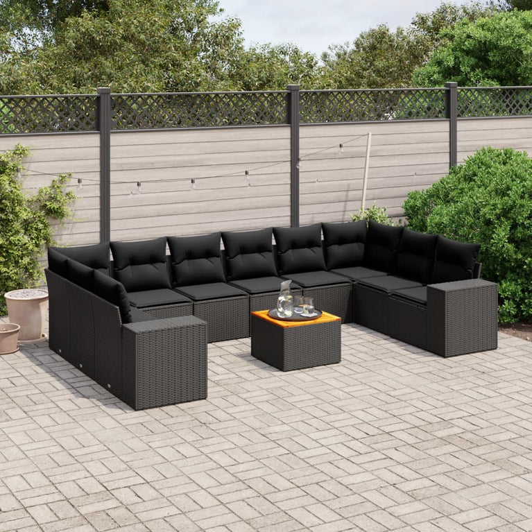 11-delige Loungeset met kussens poly rattan zwart