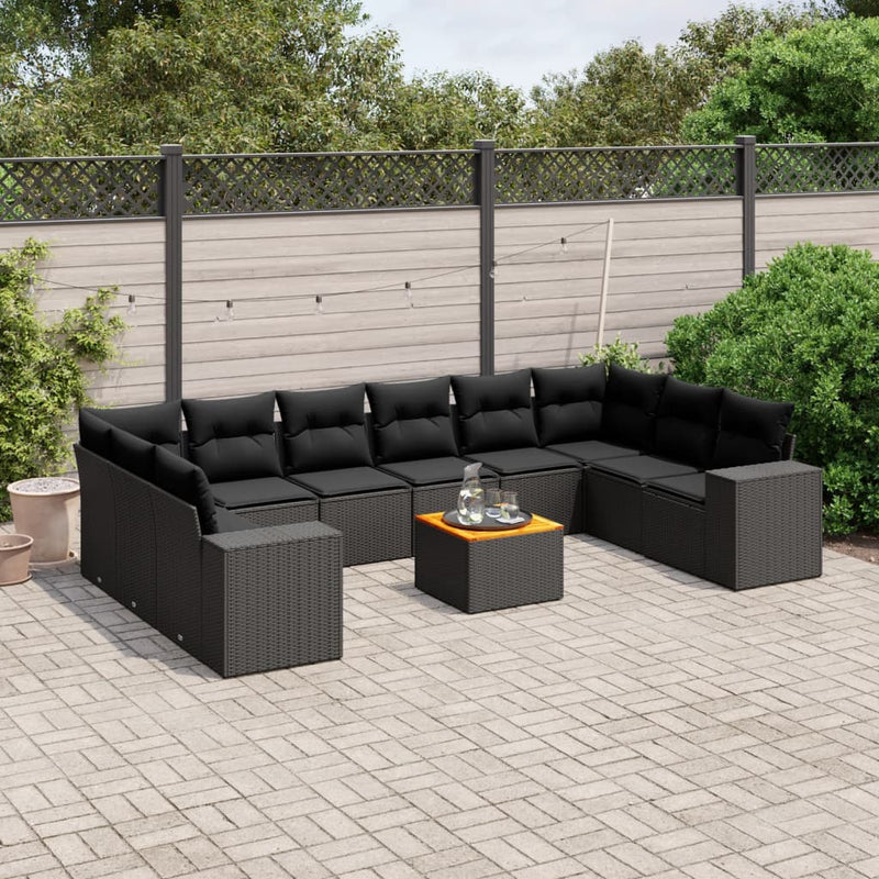 11-delige Loungeset met kussens poly rattan zwart