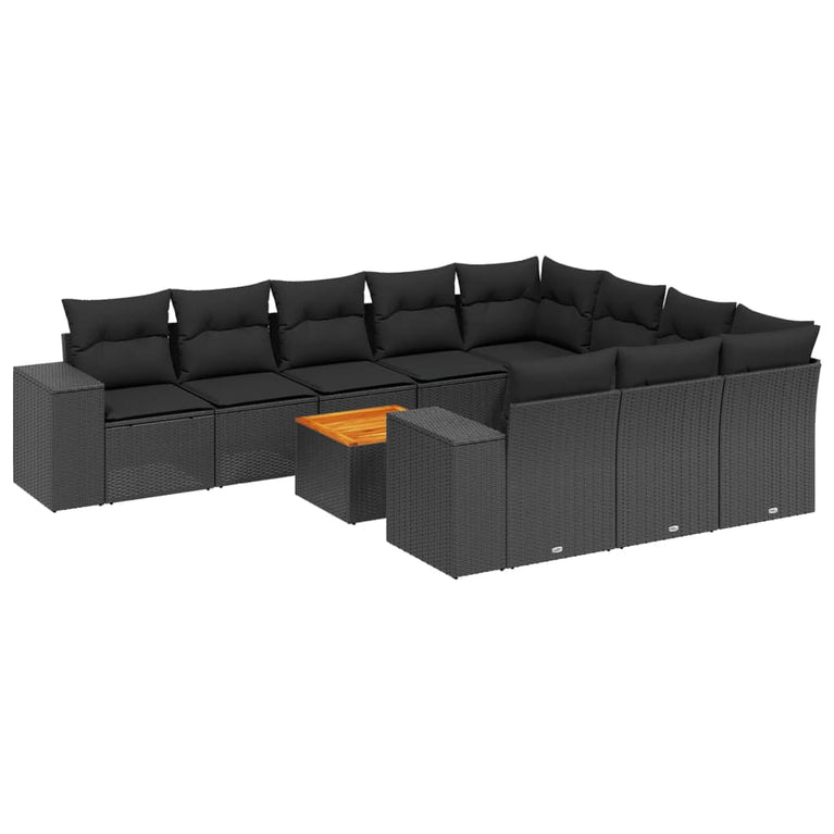 11-delige Loungeset met kussens poly rattan zwart